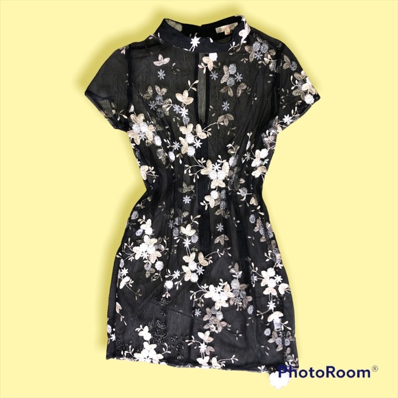 Luxxel Dresses & Skirts - (219) Black Sheer Floral Mini Dress